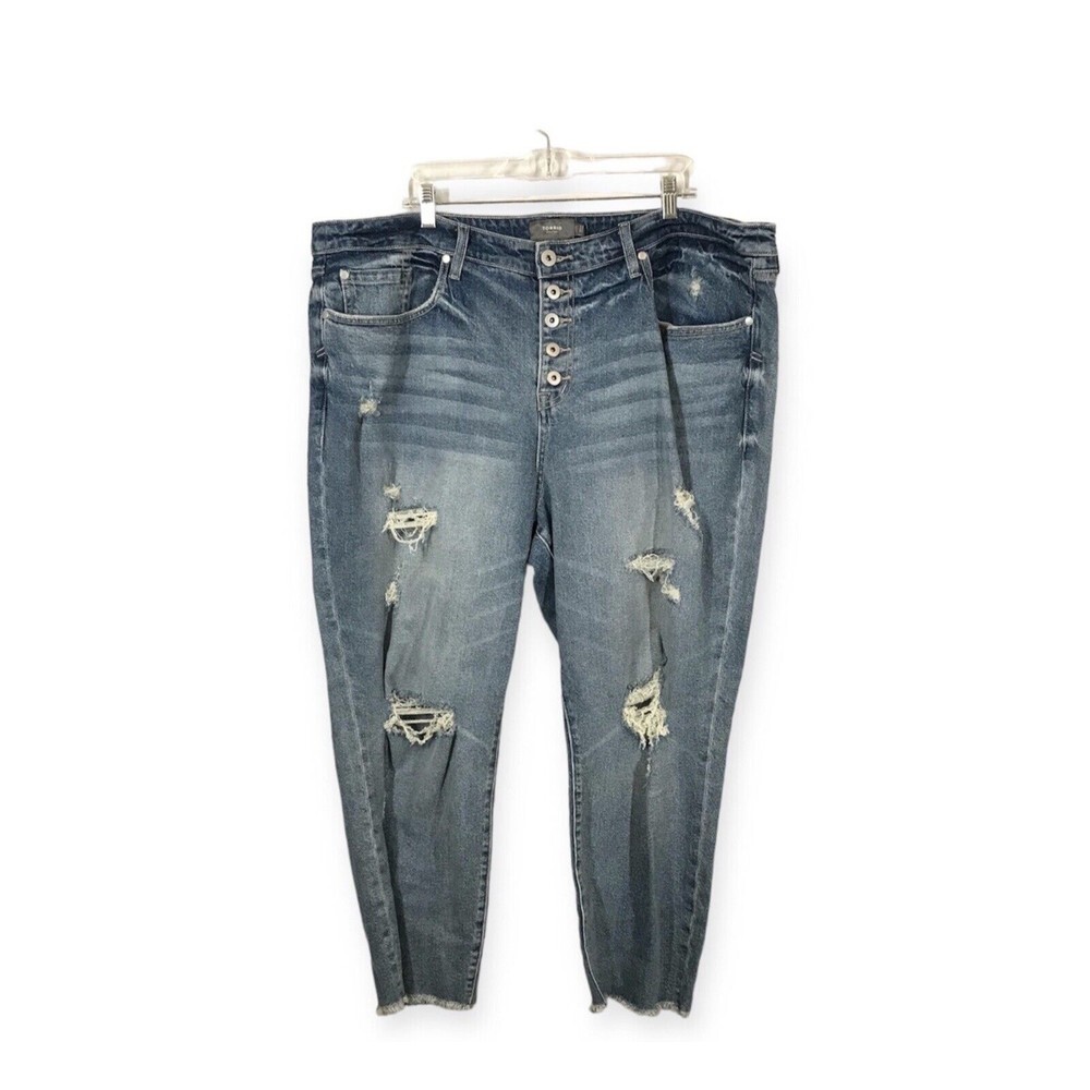 Torrid Women's Skinny Jeans Size 22R Button Fly Distressed Raw Hem Crop Denim